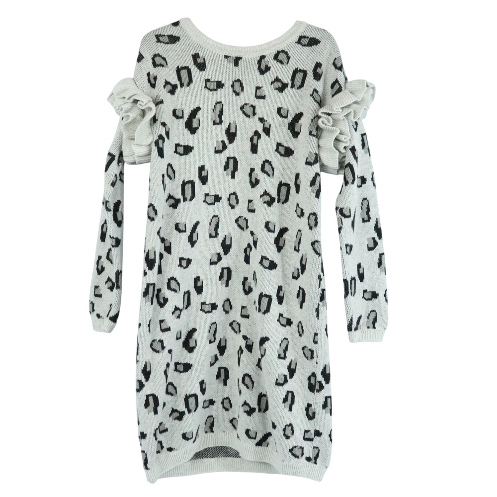 Tea Collection Snow Leopard Sweater Dress Ruffles 100% Cotton Girls 10 Sz 8